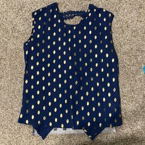 Dark blue blouse with gold dots and cute slit on back side! Size Large
